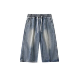 Wiaofellas  -  Vintage Men's Short Jeans Blue Hiphop Jorts Drawstring Spliced Straight Oversize Cropped Pants