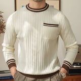 Wiaofella  -  Casual Round Neck Men Knitted Sweater Striped Contrasting Colors Pocket Men's Pullover Mode Homme Contrasting Colors Sweater