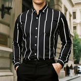 Wiaofellas  -  Men's Casual Striped Print Long Sleeve Shirt Turn-Down Collar Lightweight Business Daily Tops