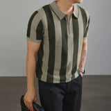 WIAOFELLAS  -  Men's Half-Zip Striped Knitted Short-Sleeved Polo Shirt American Retro Fashion Trend Casual Simple Loose Breathable Men's Tops