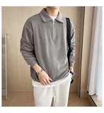 Wiaofellas  -  Men Lapel Half Zip Polo Sweatshirt Long Sleeve Loose Casual Ins Fashion Pullover Tops