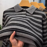 Wiaofellas  -  Autumn Retro Colorblock Striped Polo Collar Knitwear For Men Korean Fashion Long Sleeve Knitted Pullovers Fleece Y2K Sweaters