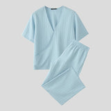 WIAOFELLAS  -  Men Sets Solid Color V Neck Short Sleeve T Shirt & Pants Two Pieces Sets Summer Streetwear 2025 Loose Fashion Men Suits