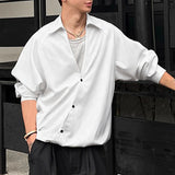 WIAOFELLAS  -  Men Shirt Solid Color Lapel Long Sleeve Button Casual Men Clothing Loose Korean Style Streetwear Fashion Male Shirts