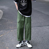Wiaofellas  -  Retro Japanese Green Work Pants Men Summer Thin Loose Straight Leg Wide Leg Cityboy  Color Nine Point Casual Trousers