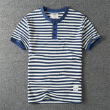 WIAOFELLAS  -  Vintage heavy cotton Henry collar short sleeve T-shirt Fashion May Khaki color striped half sleeve T
