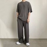 Wiaofellas  -  Black Men's Grey Solid Color Striped Casual Sweatpants New Elastic Waist Korean Trend Loose Wide Leg Trousers Summer