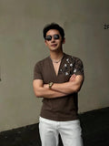 Wiaofellas  -  Summer Embroidered V-neck T-shirt for Men Cotton Short Sleeved Casual T-shirt Relaxed Beach Vacation T-shirts Men Clothing