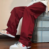 Wiaofellas  -  Red Wine Color Men's Casual Straight Leg Workwear Pants Autumn Season American Style Loose Fit Trousers Harajuku Street Style