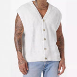 Wiaofellas  -  Fashion Hollow Out Mens Knitting Tank Tops Summer Trendy Loose Sleeveless Button V Neck Vest Men Cardigans Streetwear Camisoles