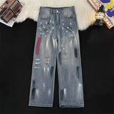 WIAOFELLAS  -  High Street Graffiti Tie-dye Jeans for Men and Women Trendy Brand Handsome Loose Straight Wide Leg Trousers Jeans