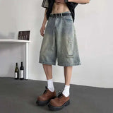 WIAOFELLAS  -  Washing Men's Denim Shorts Solid Color Hole Design Straight Jeans Woen-out Wide Leg Baggy Male Bottom Summer