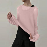 WIAOFELLAS  -  Men T Shirt Solid Color Knitted O-neck Long Sleeve Loose Male Tee Tops See Through Sexy Fashion Casual Men Clothing