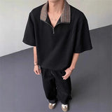 WIAOFELLAS  -  Fashion Men's Zipper Spliced Contrast Color Loose T-shirts Trendy Lapel Short Sleeves Casual Tops Male 2025 Summer 2A0921