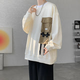 Wiaofellas  -  Japanese Large Pockets Solid Color Sweater Trend Design Sense Round Neck Long Sleeve Autumn Loose Fashion Women Men Clothing