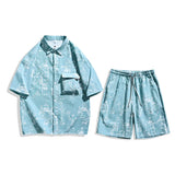 Wiaofellas  -  Summer New Seersucker Short Sleeve Shirt + Shorts Set Men's Large Size Five-point Sleeve Shirt Points