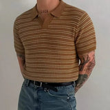 Wiaofellas  -  British Style Polo Shirt Men's Fashion Lapel Business Casual Knitted Short Sleeved T-shirt Striped Social Office Polo Shirts