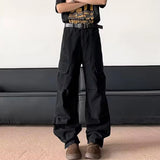WIAOFELLAS  -  Pleated Design Men's Casual Pants Side Pocket Solid Color Wide Leg Trousers Loose Straight Male Bottom Functional