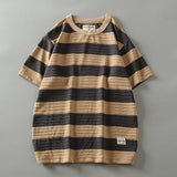 Wiaofellas  -  280Gsm Men Striped Wide Striped Round Neck T-shirt American Retro Heavy Double Yarn Knitted Contrast Color Short-sleeved T-shirt