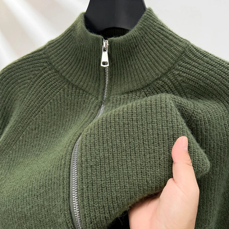 Wiaofellas  -  A semi turtleneck solid color men's cardigan with a zipper, autumn and winter warm long-sleeved sweater.