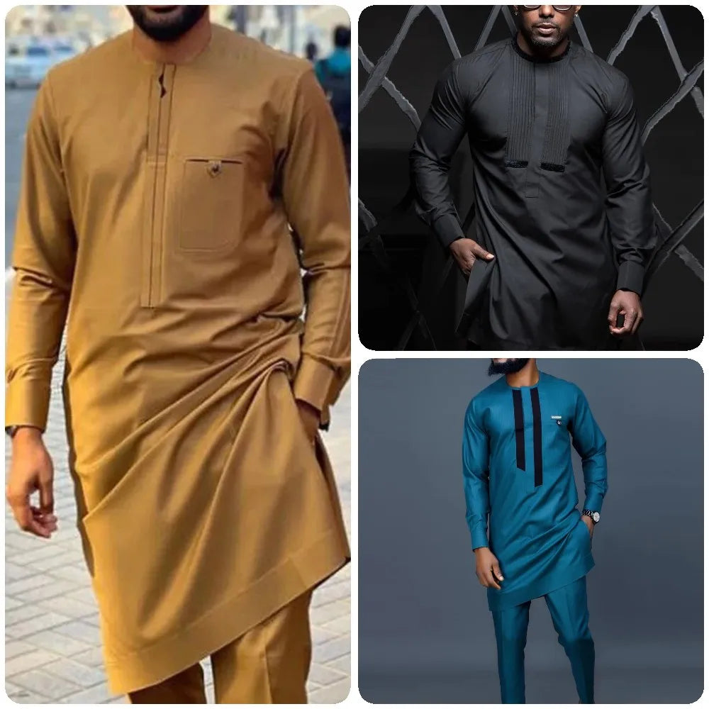 Wiaofellas  -  African Youth Stand Collar Slim Fit Brown Ordinary Spring And Autumn Casual Shirt Dashiki Suit Muslim Suit Rich Bazin