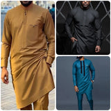 Wiaofellas  -  African Youth Stand Collar Slim Fit Brown Ordinary Spring And Autumn Casual Shirt Dashiki Suit Muslim Suit Rich Bazin