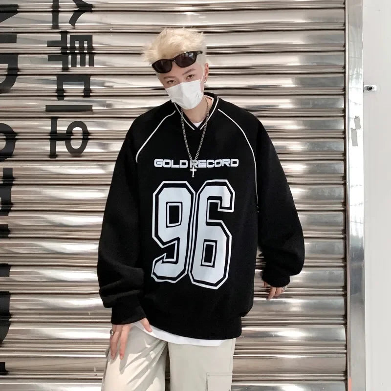 Wiaofellas  - American Digital Print V-Neck Sweatshirt Autumn Baseball Jersey Long Sleeve High Street Designer Biker Tops Unisex Clothing