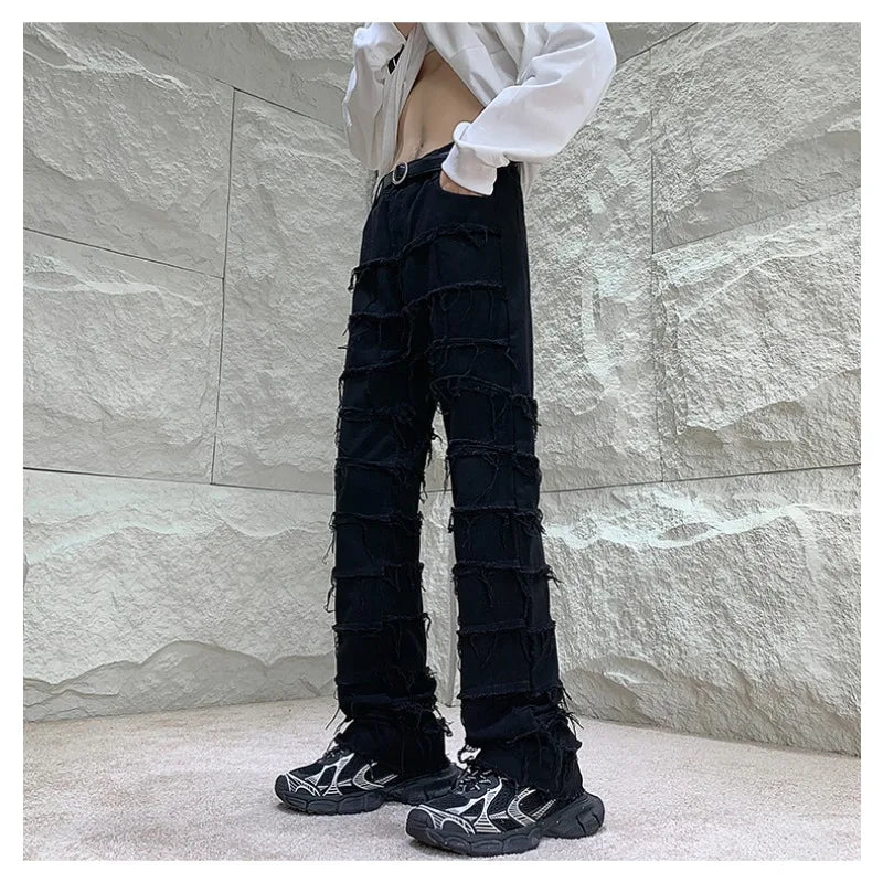 Wiaofellas  -  American High Street Vibe Trendy Black Jeans Men's Street Hip-hop Tassel Dance Pants Fashion Straight Slim Denim Trousers