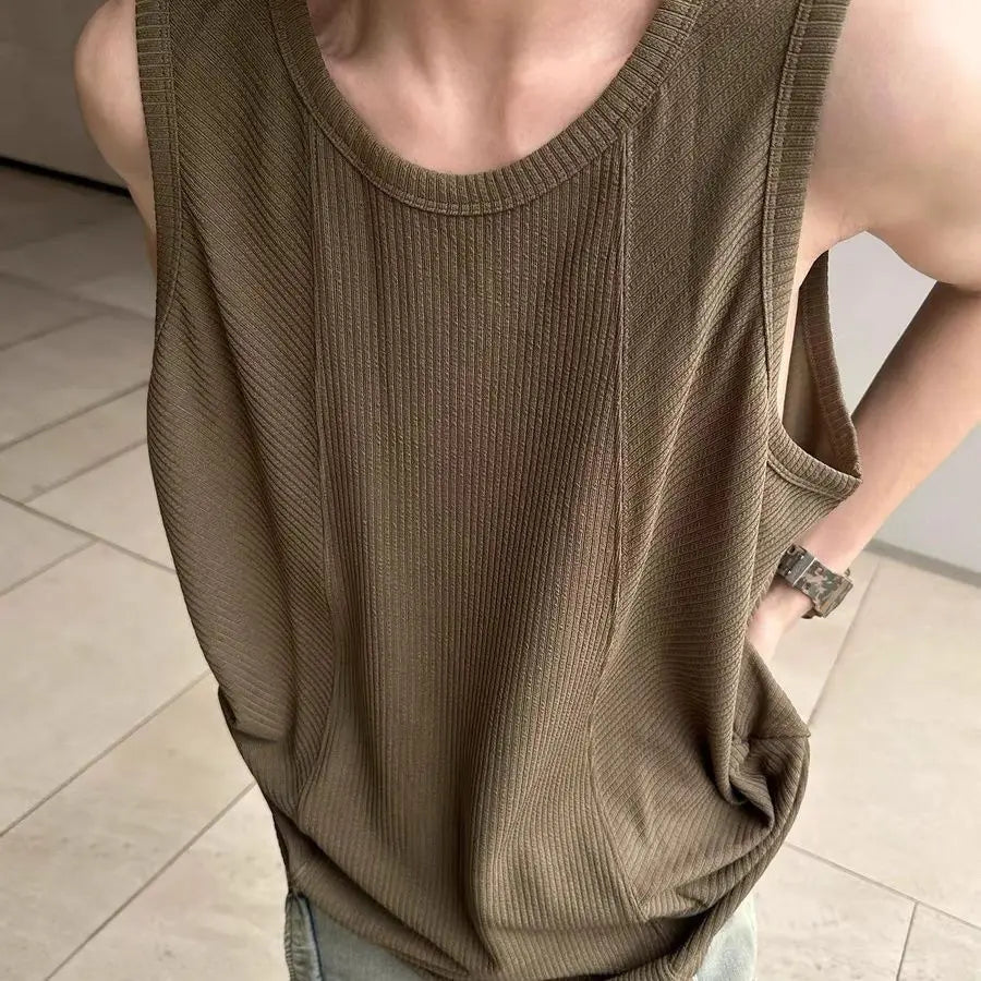Wiaofellas  -  American Retro Mens Clothing Solid Color Vertical Striped Niche Round Neck Mens Tank Top Summer Casual Gym Sleeveless Top Men