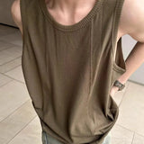 Wiaofellas  -  American Retro Mens Clothing Solid Color Vertical Striped Niche Round Neck Mens Tank Top Summer Casual Gym Sleeveless Top Men