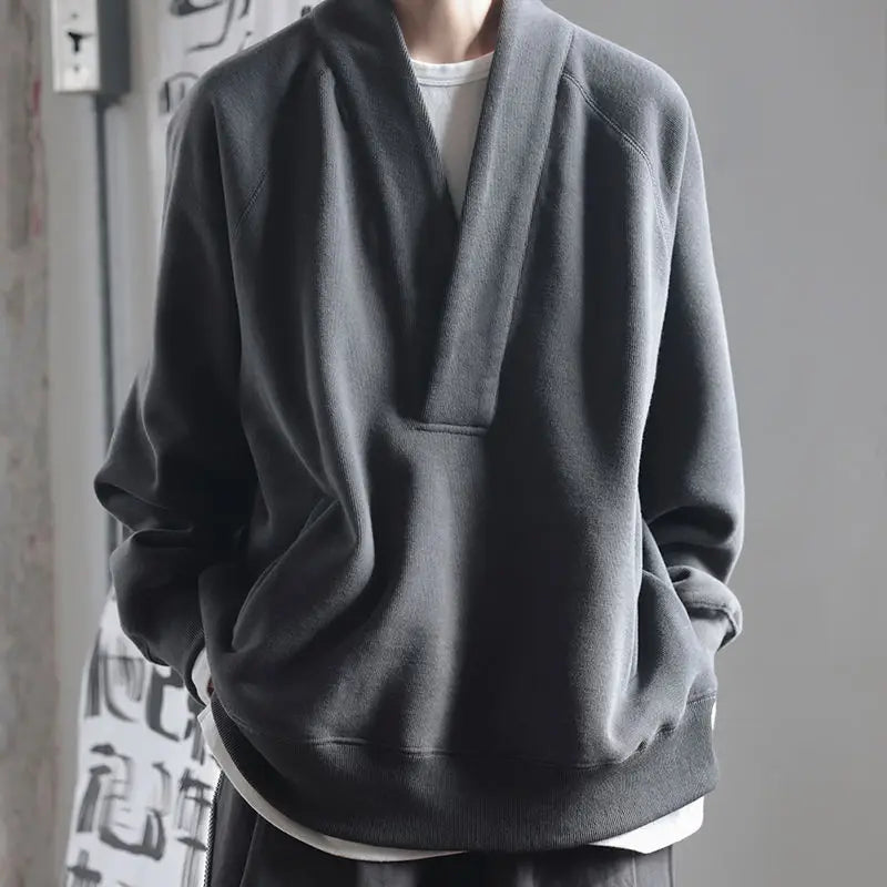 Wiaofellas  -  Autumn American Vintage V-neck Sweatshirt for Men and Women Overszie Loose Solid Color Casual Long Sleeve Top Streetwear