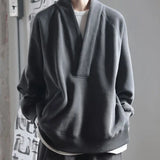 Wiaofellas  -  Autumn American Vintage V-neck Sweatshirt for Men and Women Overszie Loose Solid Color Casual Long Sleeve Top Streetwear