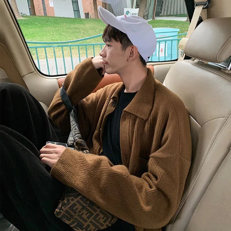 Wiaofellas  -  Autumn Clothing Men's Knitted Luxury Cardigan Shirt Sweatercoat Casual Long Sleeve Solid Color Vintage Korean Knitwear New