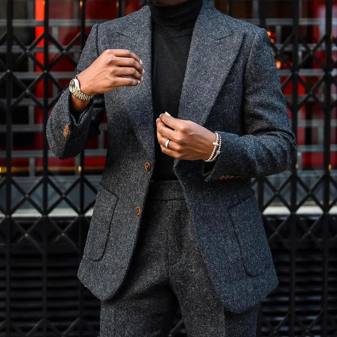 Wiaofellas  -  Autumn Dark Grey Tweed Male Suit Slim Fit Warm Casual Tuxedo High Quality Groom Wediing Fashion Men's Jacket Pants Custom Made