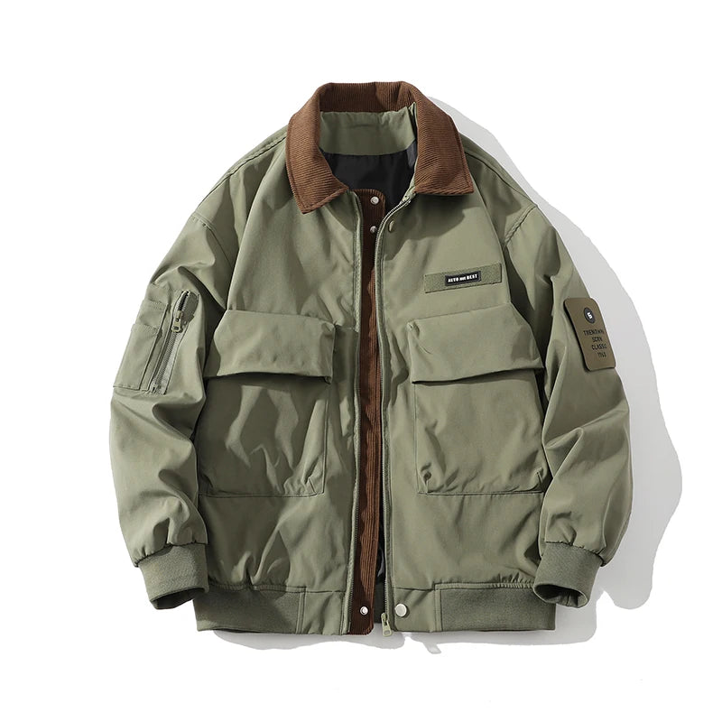 Wiaofellas  -  Autumn Men Pilot Jacket Multi-Pocket Retro Streetwear Casual Corduroy Patchwork Lapel Jacket Male Outerwear Clothing