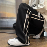 Wiaofellas  - Autumn New Waffle Casual Pants Striped Label Design Men's Sports Trousers Straight-leg Fashion Woman Wide Leg Cargo Trousers