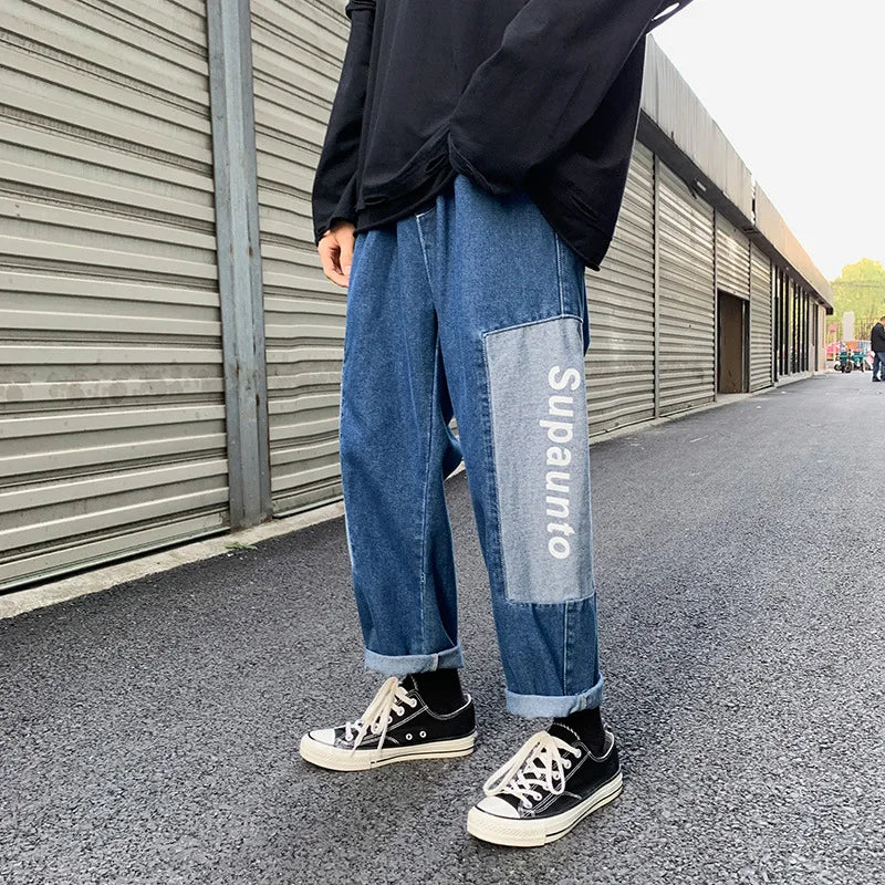 Wiaofellas  -  Autumn Straight Jeans Men's Color Matching Loose Jeans Fashion Casual Pants Plus Size Jeans  Mens Street Wear