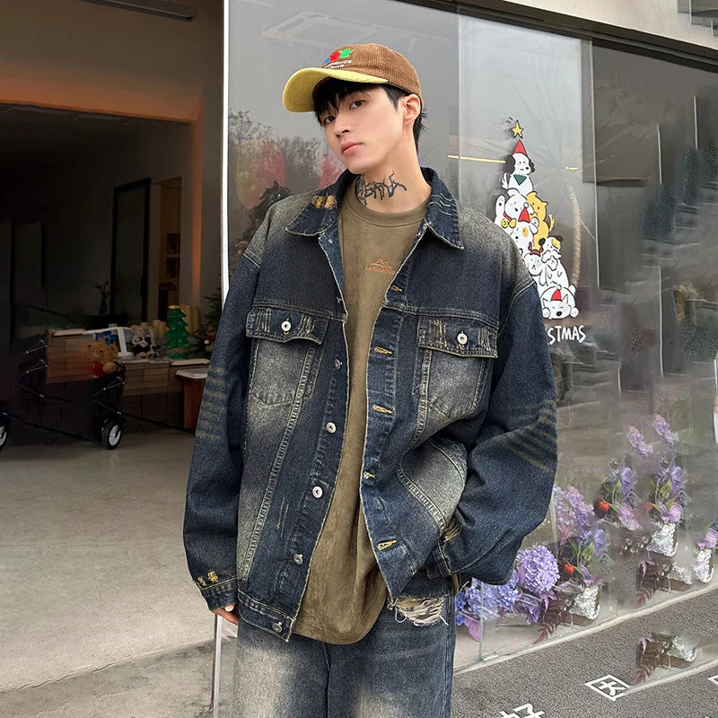 Wiaofellas  -  Brand Neckline Broken Denim Jacket for Men Washed Spring Turn Down Collar Casual Man Jacket Japan Vintage Clothing