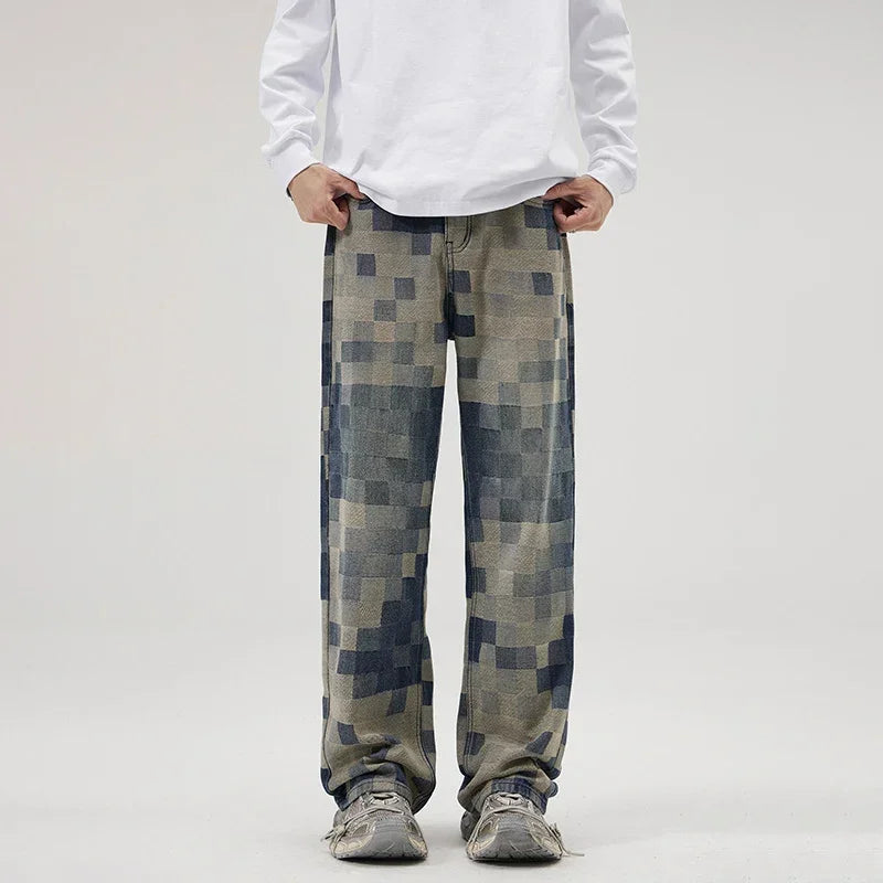 Wiaofellas  -  Brand New Mosaic Jeans Mens Chessboard Pattern American Streetwear Straight Leg Wide Leg Jeans Man Casual Clothing