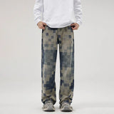 Wiaofellas  -  Brand New Mosaic Jeans Mens Chessboard Pattern American Streetwear Straight Leg Wide Leg Jeans Man Casual Clothing