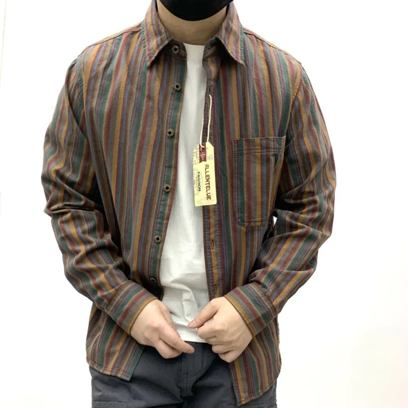 Wiaofellas  -  Ethnic Style Men's Pure Cotton Colorful Stripes Shirt Loose Ancient Cargo Long Sleeved Shirt Jacket With Chest Pocket