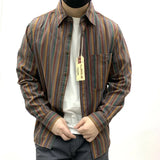 Wiaofellas  -  Ethnic Style Men's Pure Cotton Colorful Stripes Shirt Loose Ancient Cargo Long Sleeved Shirt Jacket With Chest Pocket