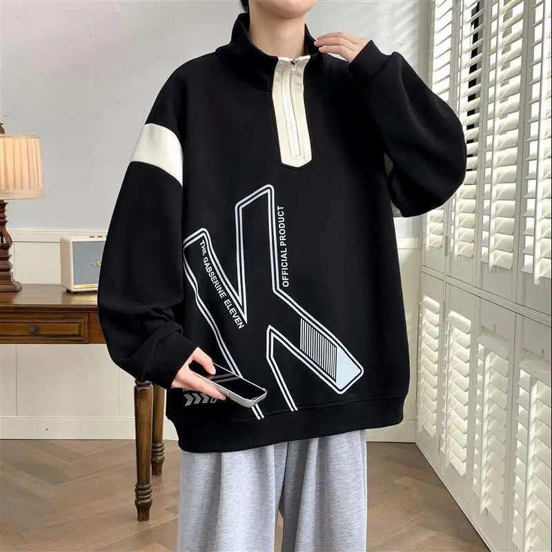 Wiaofellas  -  Fashion Spring Autumn Men's Half High Zipper Collar Sweatshirts Youth Casual Pullover Bottom Streetwear Loose Tops Hoodies