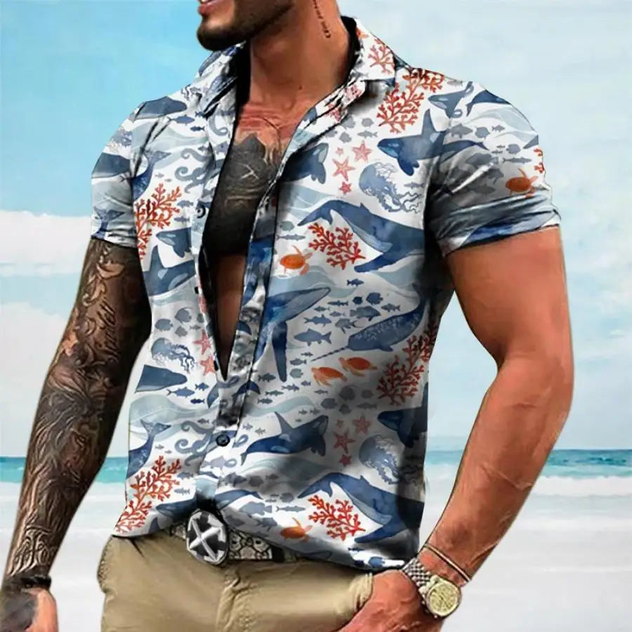 Wiaofellas  -  Flower shirt, casual short sleeved polo shirt, irregular casual shirt, men's breathable polo shirt, men's clothing