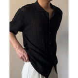 Wiaofellas  -  High Quality Korean Retro Hollow Knitted Polo Shirt Men Short Sleeve Summer New Design Solid Color Lapel Buttons Hawaiian Shirt