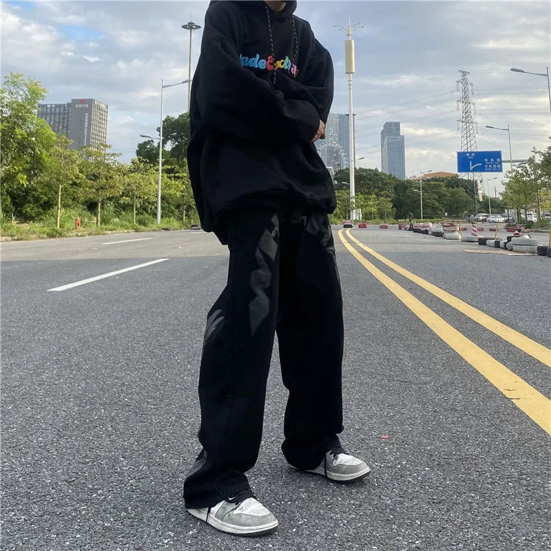 Wiaofellas  -  High Street Jeans Patch Letter Print Jeans Straight Leg Jeans Men's American Jeans Street Loose Wide Leg Pants