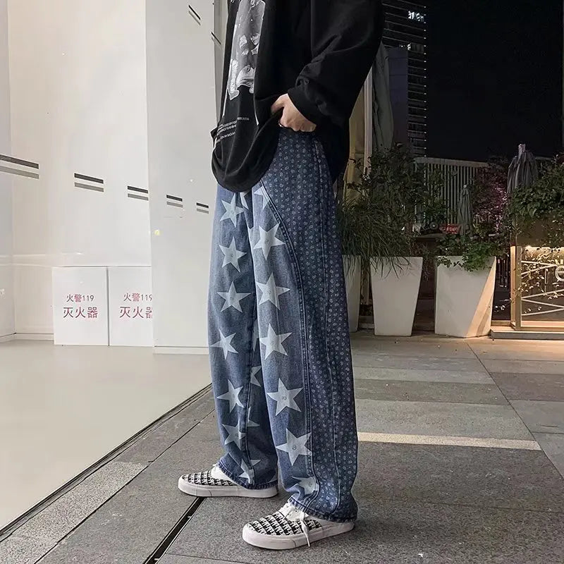 Wiaofellas  -  High Street Jeans Star Print Jeans Cashew Flower Stitching Retro Jeans Men's Casual Pants Patchwork Jeans