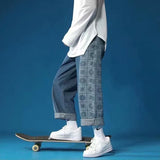 Wiaofellas  -  High Street Jeans Washed Straight Jeans Men's Autumn Jeans Loose Stitching Cashew Flower Men's Pants Plus Size Jeans