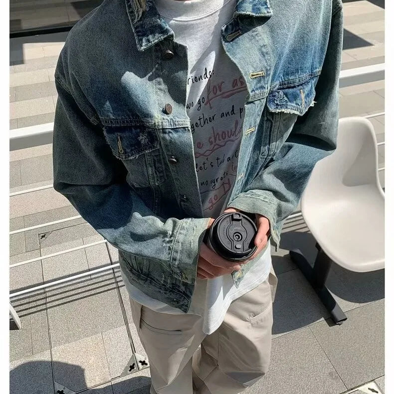 Wiaofellas  -  High Street Washed Denim Jacket Mens Trends New Spring Streetwear Single Breasted Casual Hip Hop Coats Loose Cowboy Outwear