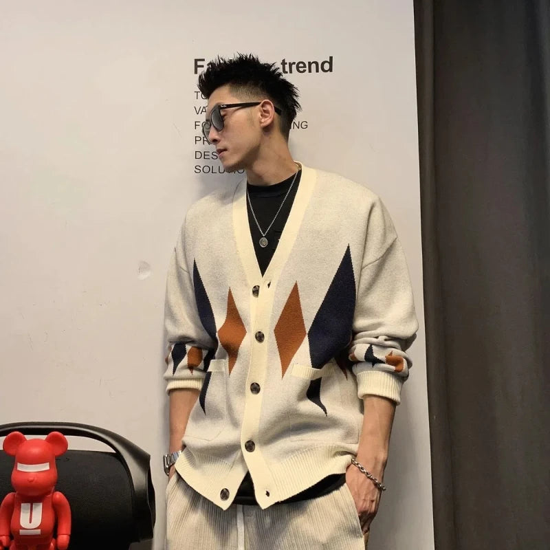 Wiaofellas  -  Large Men's Diamond Patterned Collarless Sweater Jacket Men's Spring and Autumn Retro Lazy High-end Knitted Cardigan
